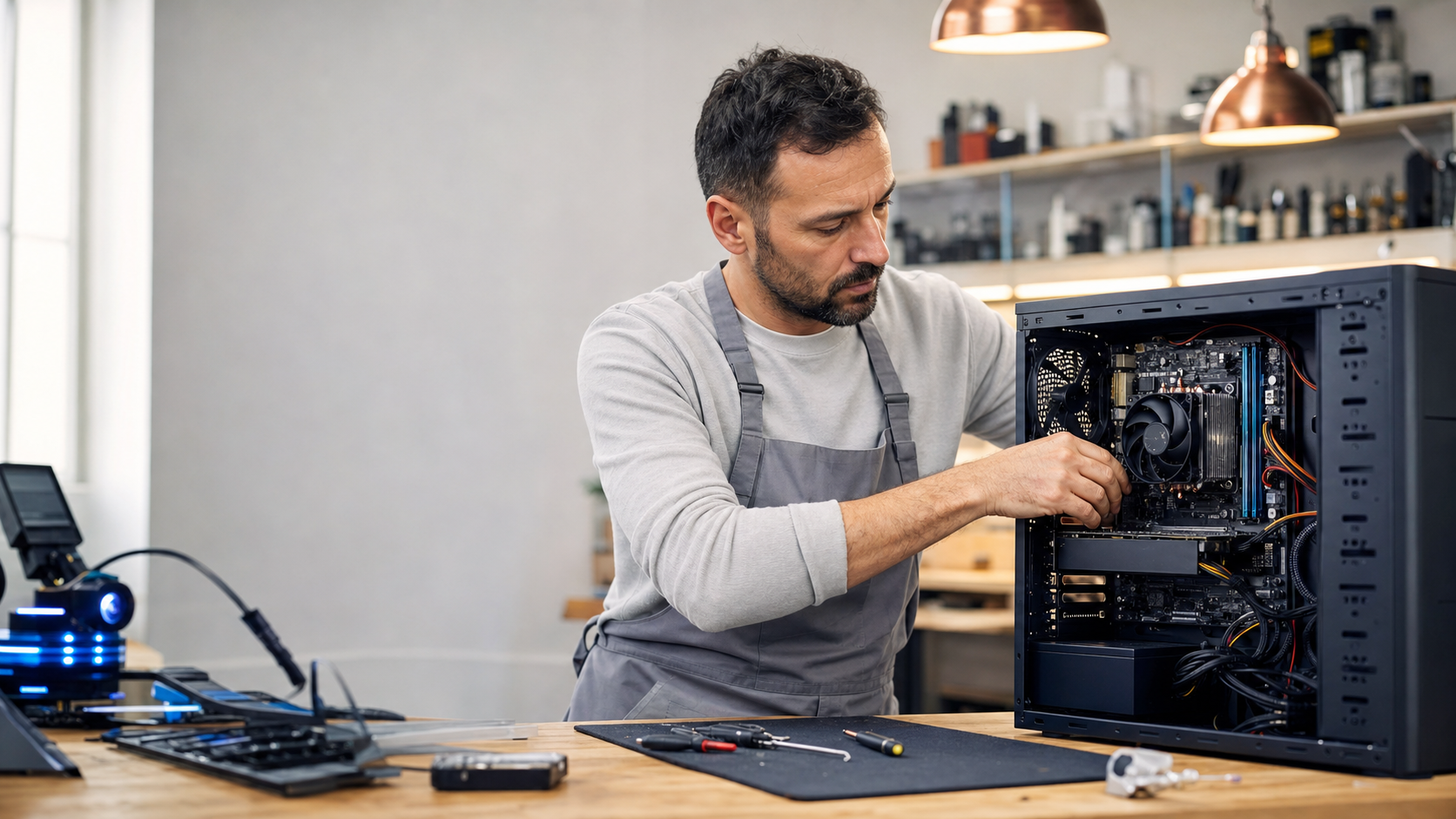 Pietro Fiore al banco di lavoro mentre assembla un PC con case aperto e componenti hardware, illuminazione calda color rame nel laboratorio di Processore PC a Viterbo