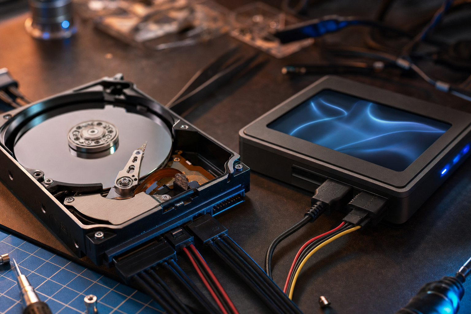 Hard disk collegato a uno strumento diagnostico per il recupero dati