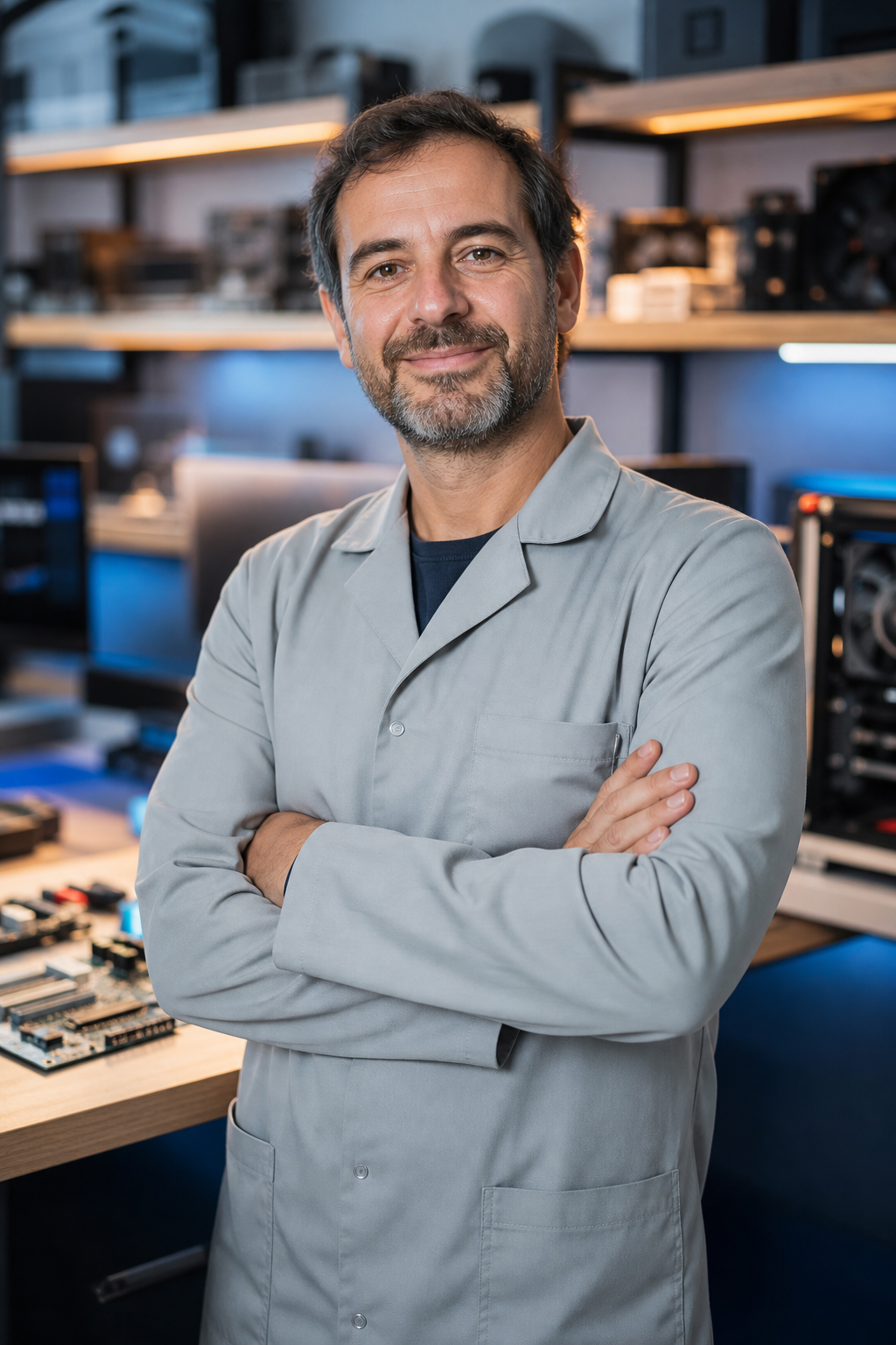 Ritratto di Pietro Fiore in camice da laboratorio nell'officina informatica di Viterbo